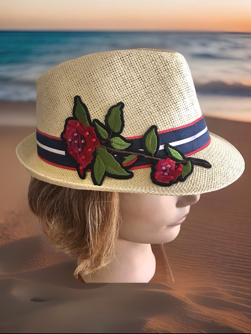 OOAK Upcycled Fedora Hat Jeweled Red Rose Floral Paper Straw Unisex Large 23”